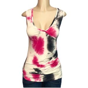 White, Pink & Charcoal TieDye Ruched Tank